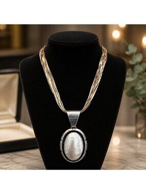 Sterling Silver 925 Italy Multi-Strand Necklace With Oval Mother-Of-Pearl Pendan